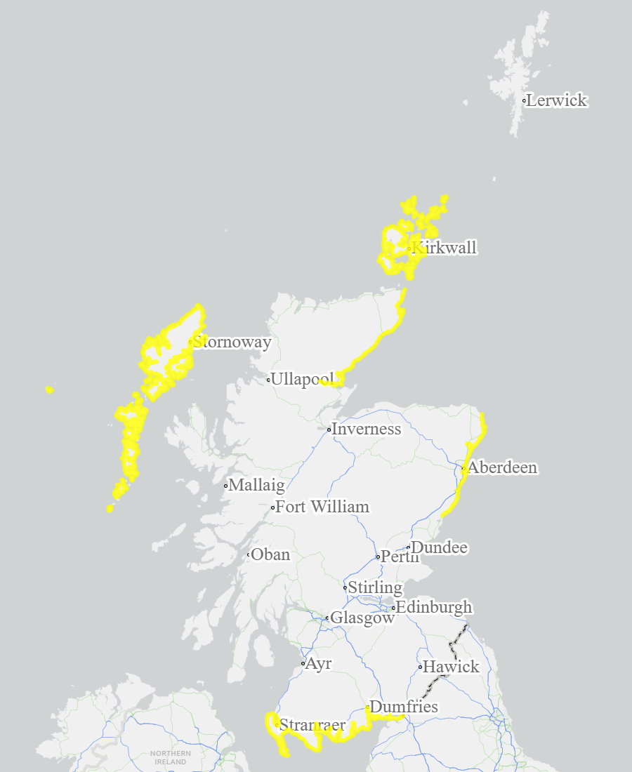 This is a map of Scotland showing Yellow - Aberdeenshire and Aberdeen City, Caithness and Sutherland, Dumfries and Galloway, Orkney, Western Isles. 