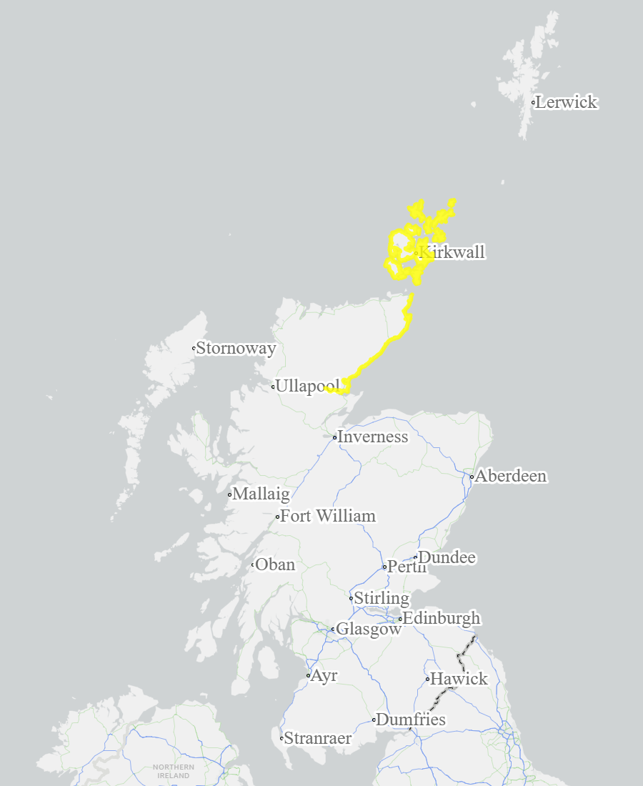 This is a map of Scotland showing Yellow - Caithness and Sutherland, Orkney. 