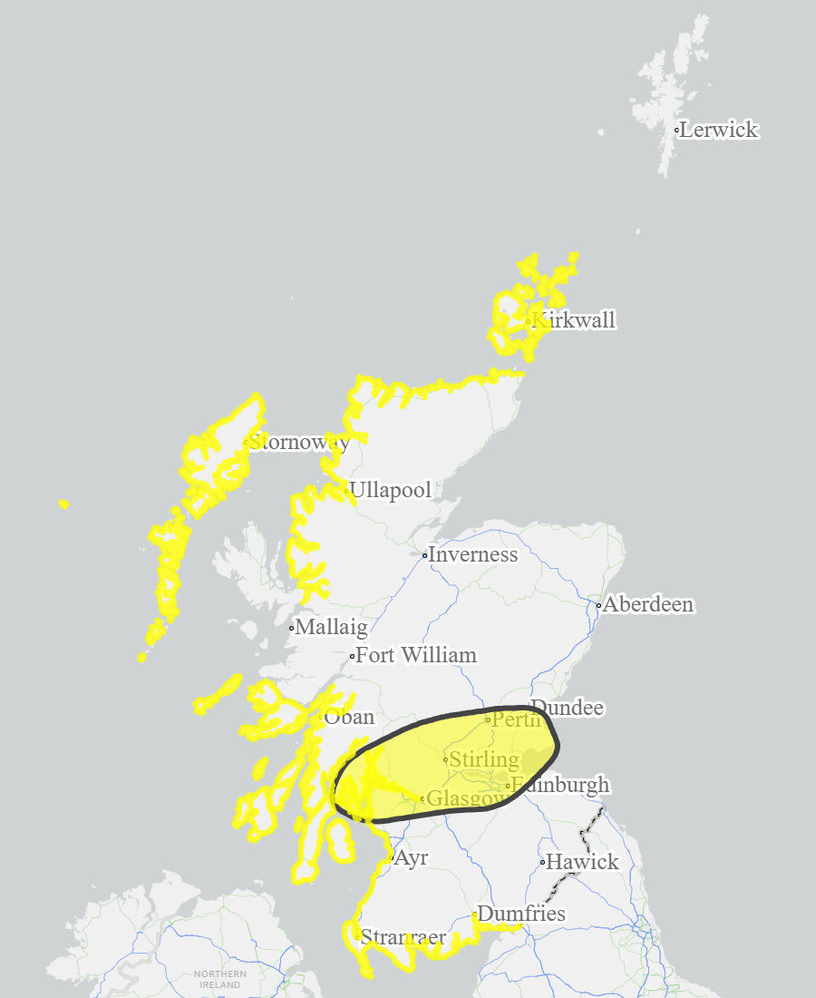 This is a map of Scotland showing Yellow - Argyll and Bute, Ayrshire and Arran, Central, Dumfries and Galloway, Edinburgh and Lothians, Fife, Orkney, Tayside, West Central Scotland, Western Isles. 