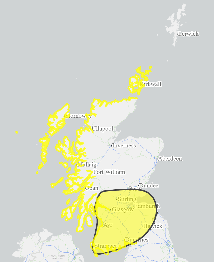 This is a map of Scotland showing Yellow - Argyll and Bute, Ayrshire and Arran, Caithness and Sutherland, Central, Dumfries and Galloway, Edinburgh and Lothians, Fife, Orkney, Scottish Borders, Skye and Lochaber, Tayside, West Central Scotland, Wester Ross, Western Isles. 