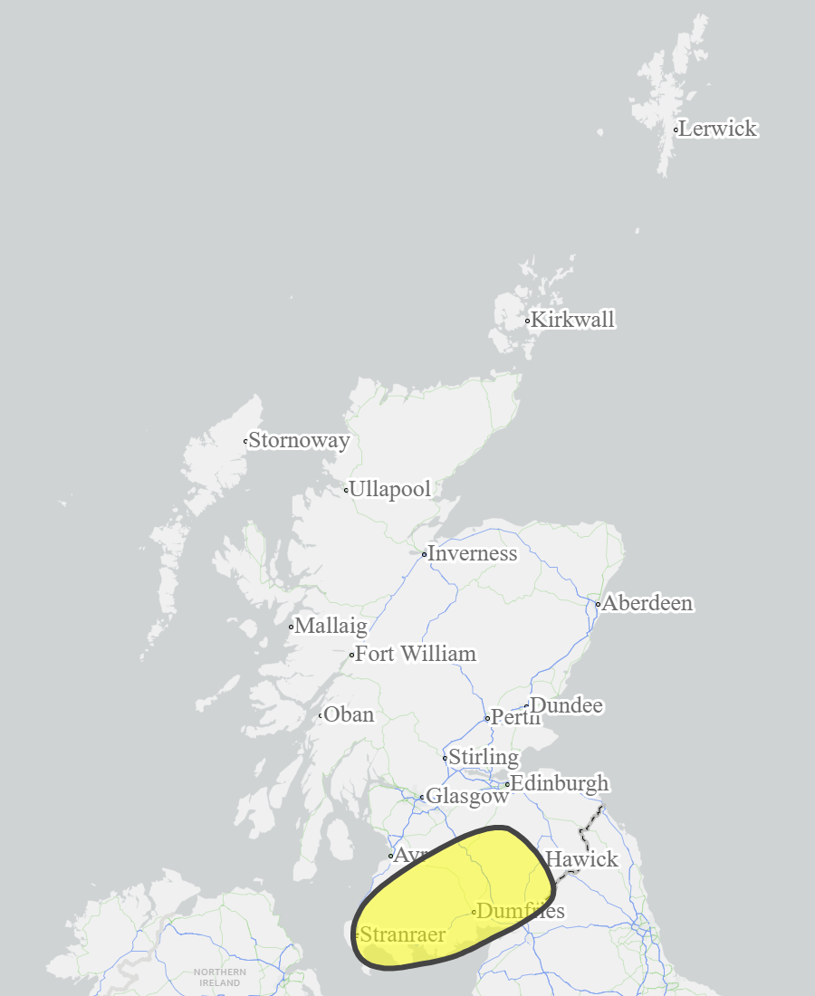 This is a map of Scotland showing Yellow - Ayrshire and Arran, Dumfries and Galloway, Scottish Borders, West Central Scotland. 