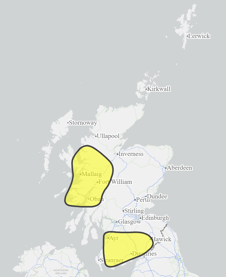 This is a map of Scotland showing Yellow - Ayrshire and Arran, Dumfries and Galloway, Easter Ross and Great Glen, Scottish Borders, Skye and Lochaber, West Central Scotland, Wester Ross. 