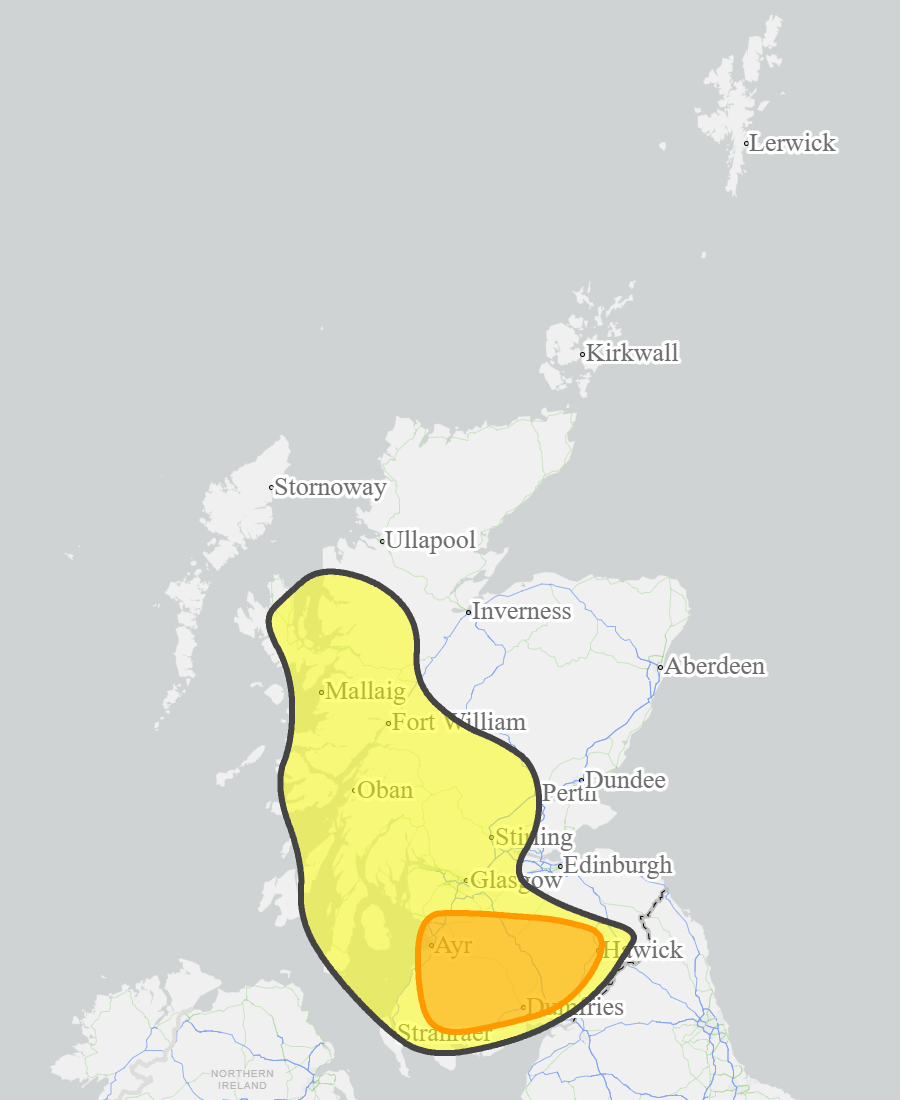 This is a map of Scotland showing Yellow - Argyll and Bute, Central, Easter Ross and Great Glen, Edinburgh and Lothians, Fife, Skye and Lochaber, Tayside, Wester Ross. Amber - Ayrshire and Arran, Dumfries and Galloway, Scottish Borders, West Central Scotland. 