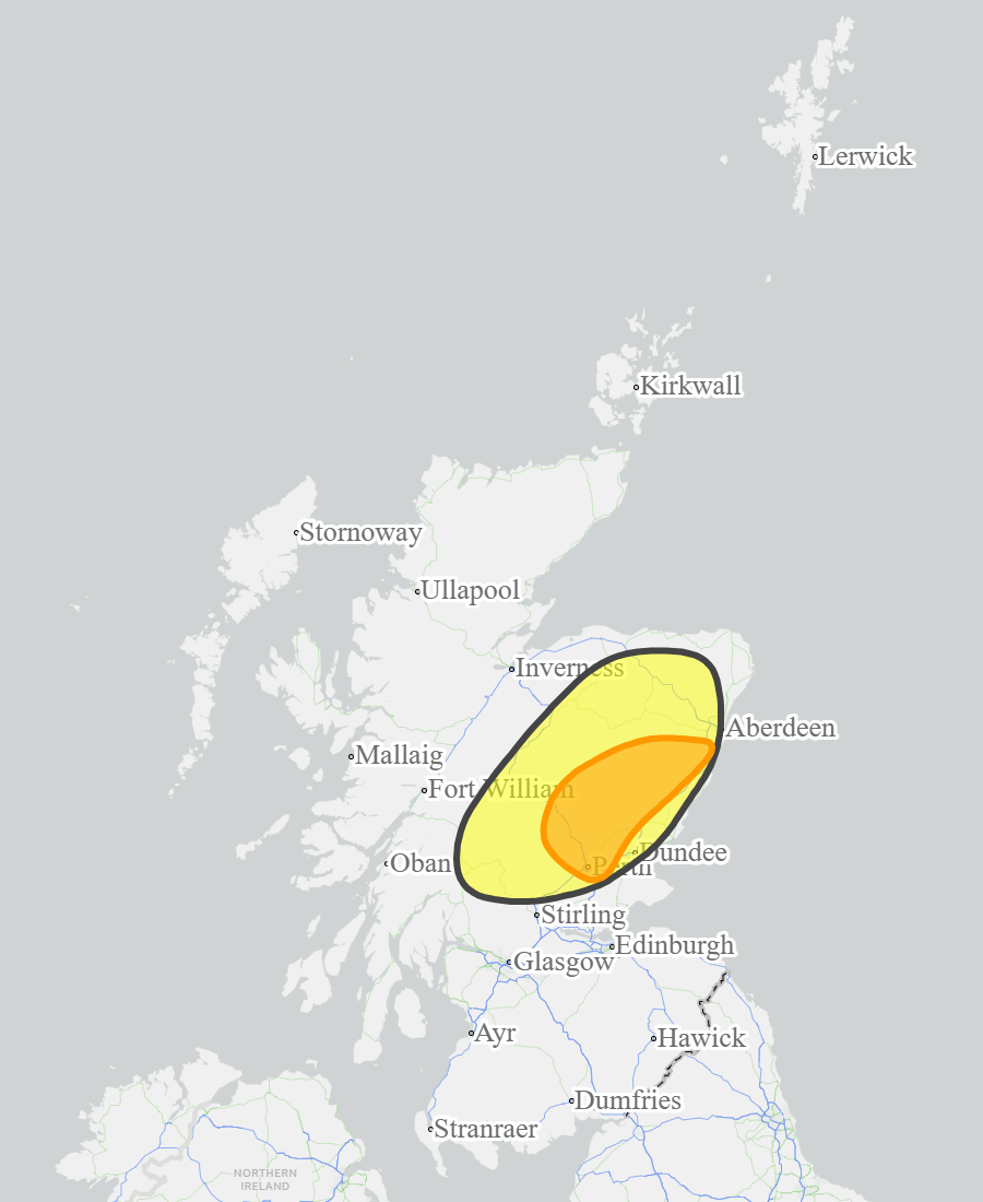 This is a map of Scotland showing Yellow - Central, Findhorn Nairn Moray and Speyside. Amber - Aberdeenshire and Aberdeen City, Dundee and Angus, Tayside. 