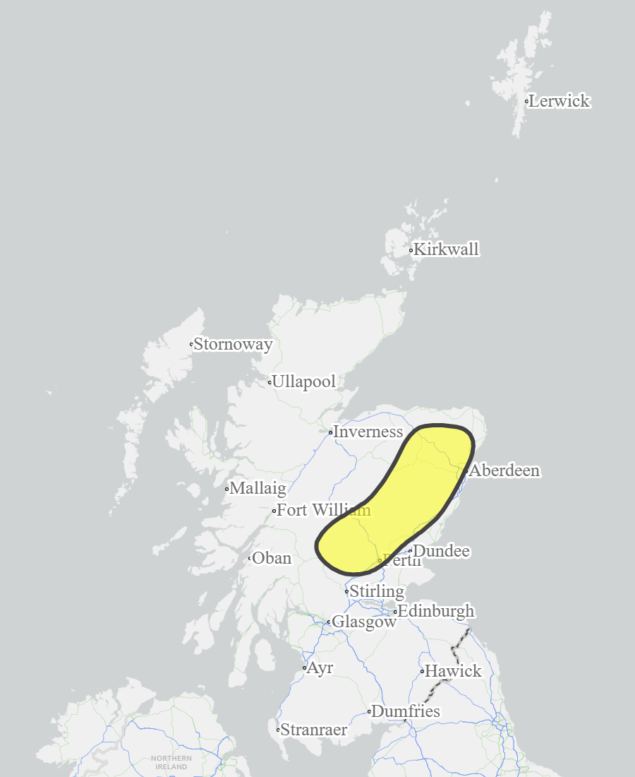 This is a map of Scotland showing Yellow - Aberdeenshire and Aberdeen City, Dundee and Angus, Tayside. 
