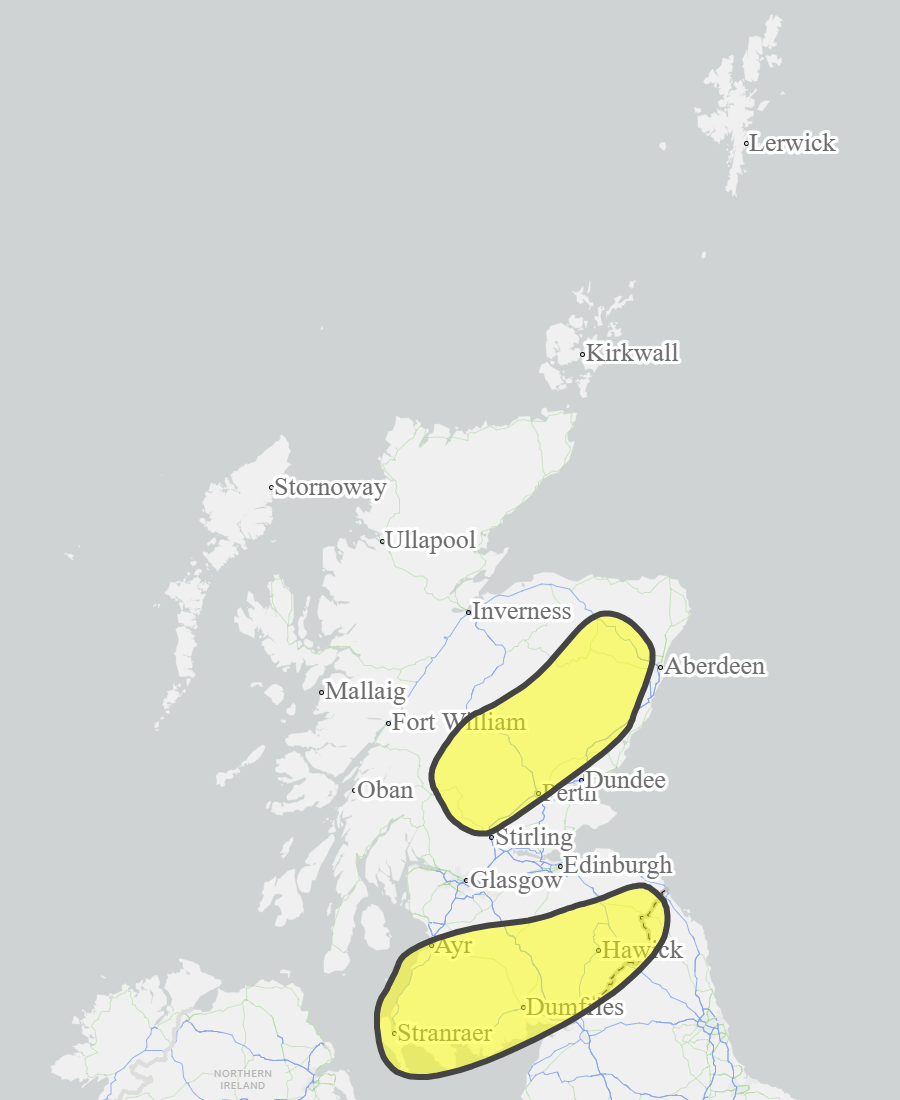 This is a map of Scotland showing Yellow - Aberdeenshire and Aberdeen City, Ayrshire and Arran, Central, Dumfries and Galloway, Dundee and Angus, Scottish Borders, Tayside, West Central Scotland. 