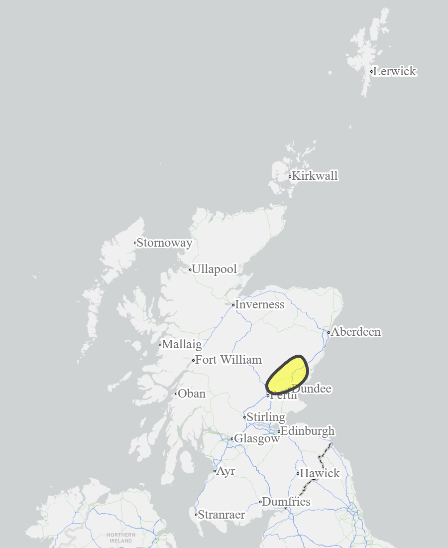 This is a map of Scotland showing Yellow - Dundee and Angus, Tayside. 