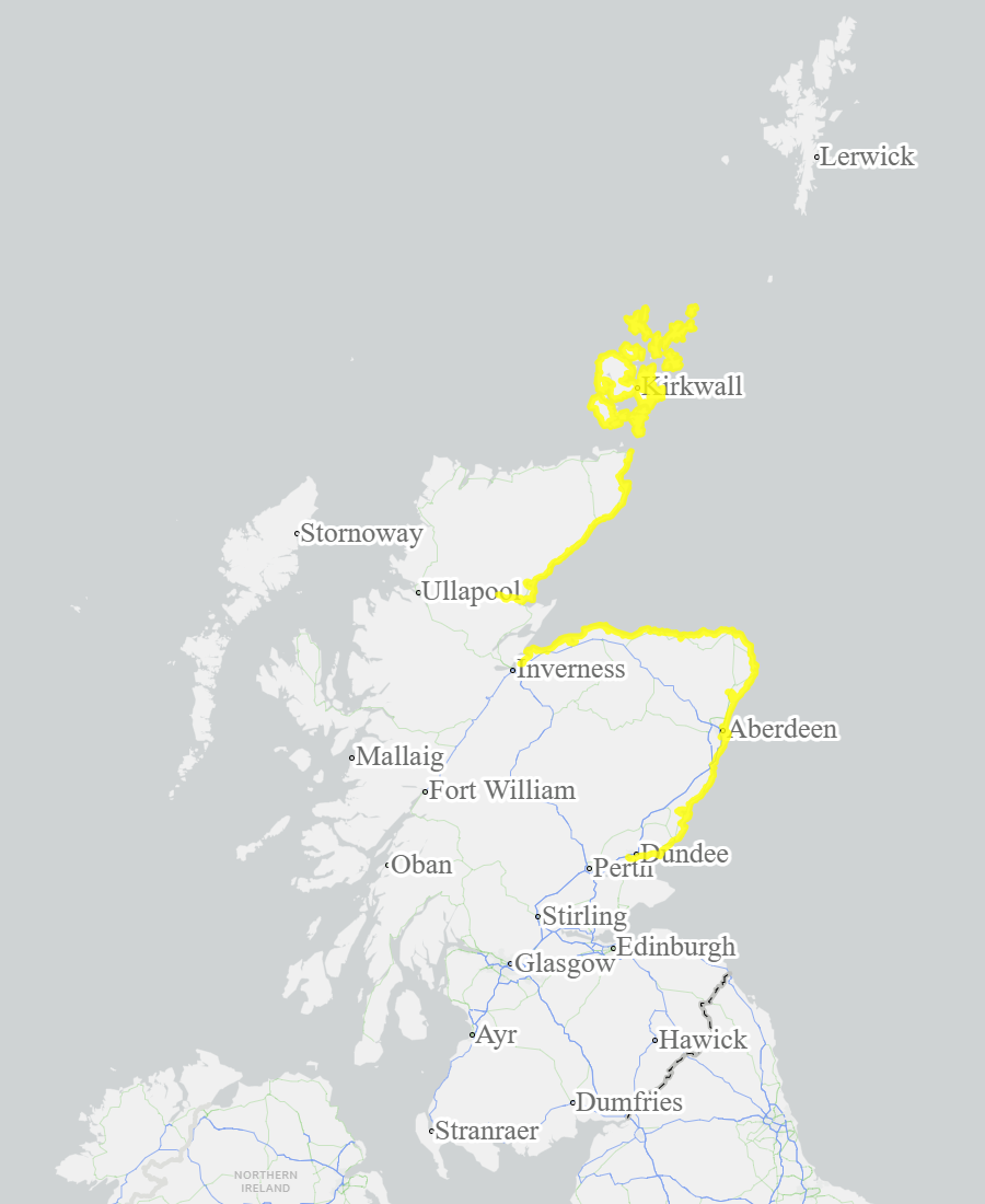 This is a map of Scotland showing Yellow - Aberdeenshire and Aberdeen City, Caithness and Sutherland, Dundee and Angus, Findhorn Nairn Moray and Speyside, Orkney. 