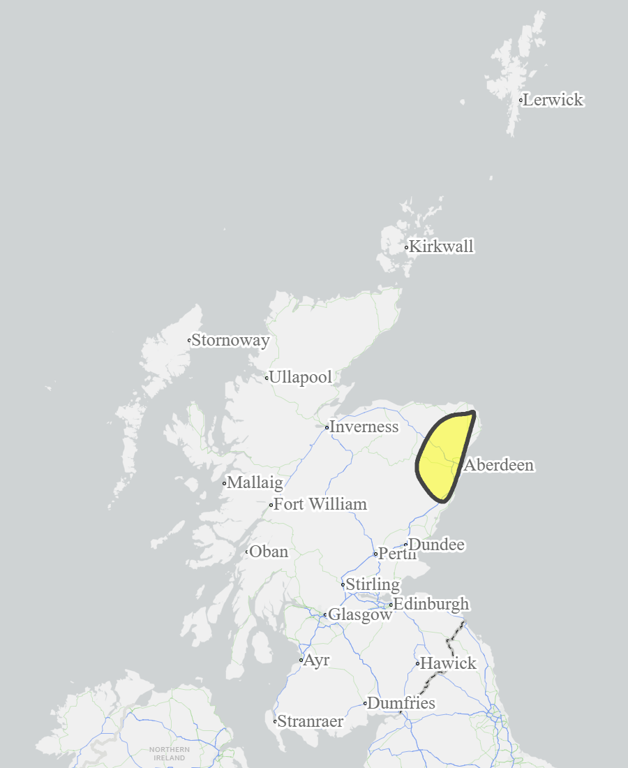 This is a map of Scotland showing Yellow - Aberdeenshire and Aberdeen City. 