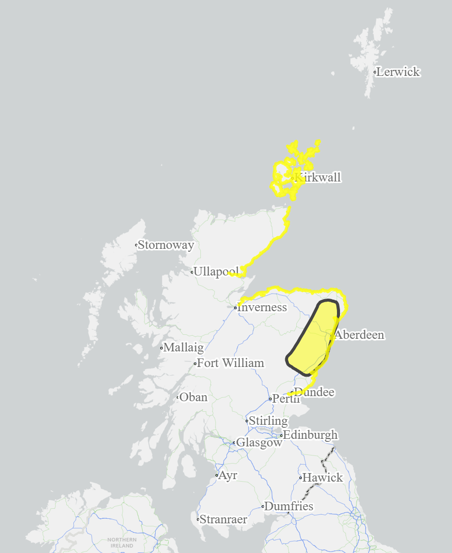 This is a map of Scotland showing Yellow - Aberdeenshire and Aberdeen City, Caithness and Sutherland, Dundee and Angus, Findhorn Nairn Moray and Speyside, Orkney. 