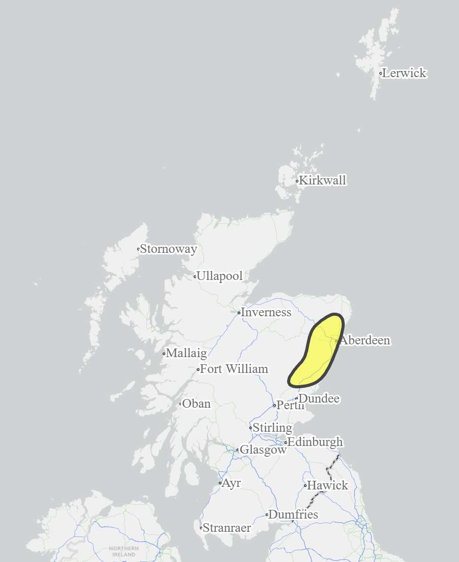 This is a map of Scotland showing Yellow - Aberdeenshire and Aberdeen City, Dundee and Angus. 