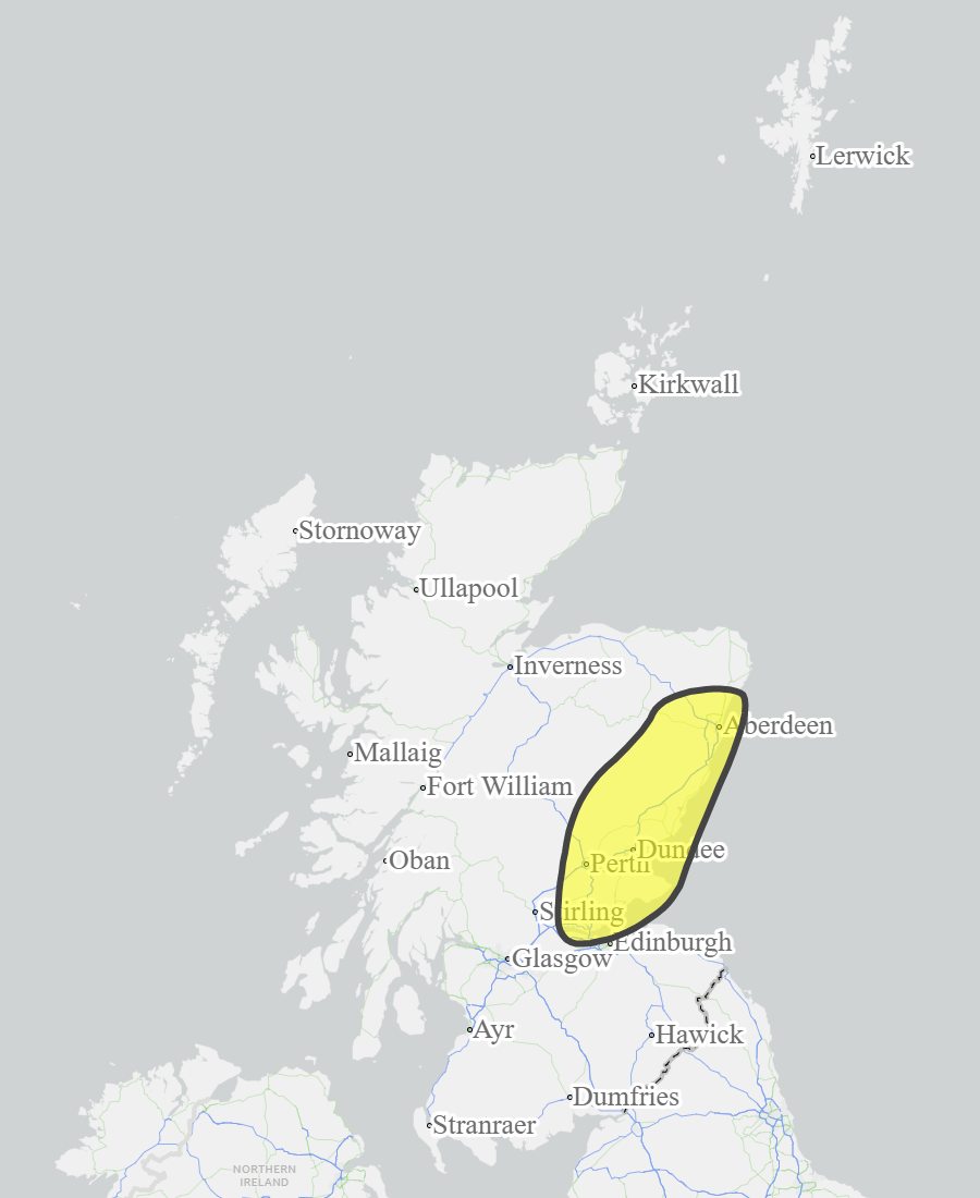 This is a map of Scotland showing Yellow - Aberdeenshire and Aberdeen City, Dundee and Angus, Fife, Tayside. 