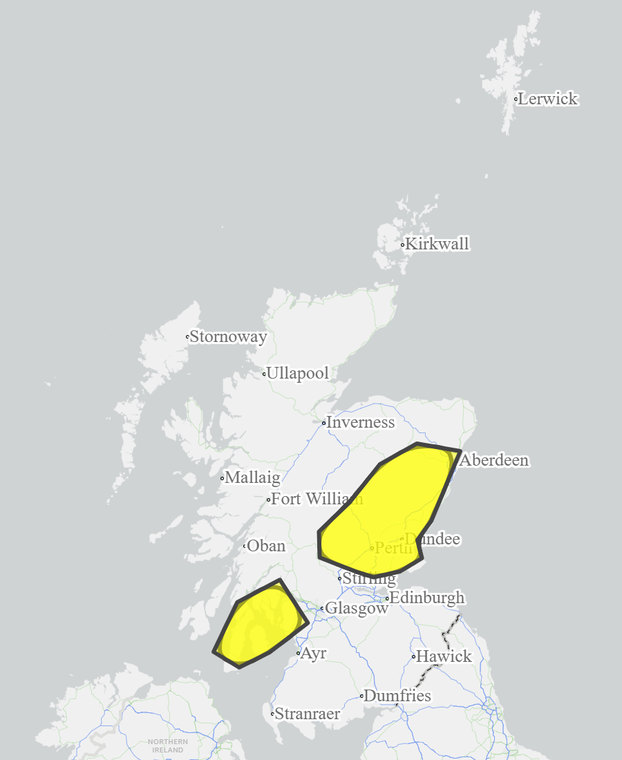 This is a map of Scotland showing Yellow - Aberdeenshire and Aberdeen City, Argyll and Bute, Ayrshire and Arran, Dundee and Angus, Fife, Tayside, West Central Scotland. 