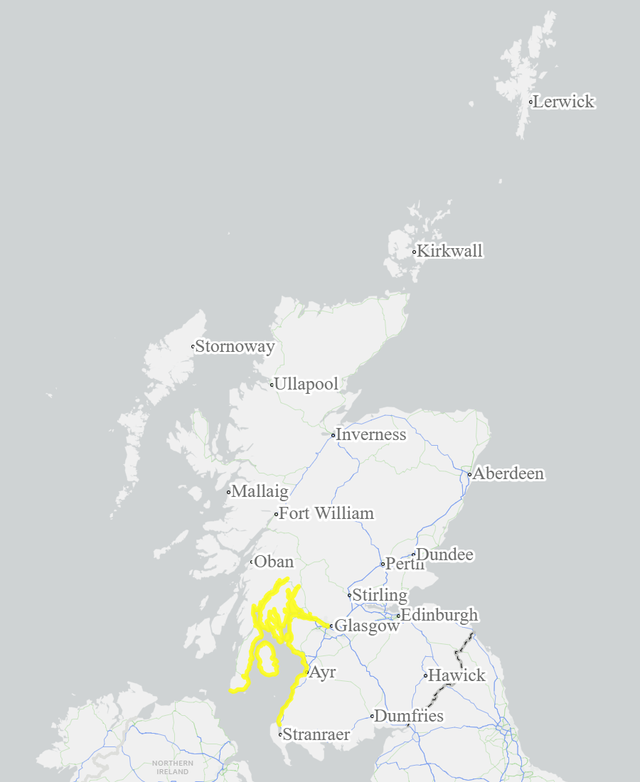 This is a map of Scotland showing Yellow - Ayrshire and Arran. 