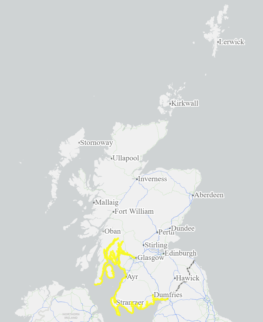 This is a map of Scotland showing Yellow - Argyll and Bute, Ayrshire and Arran, Dumfries and Galloway, West Central Scotland. 