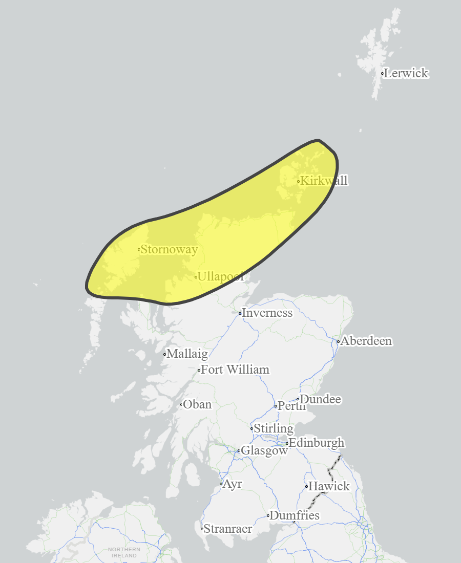 This is a map of Scotland showing Yellow - Caithness and Sutherland, Orkney, Wester Ross, Western Isles. 