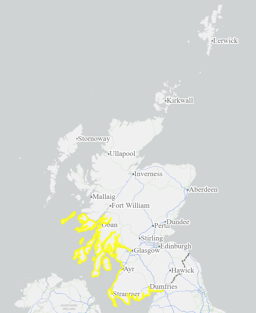 This is a map of Scotland showing Yellow - Argyll and Bute, Ayrshire and Arran, Dumfries and Galloway, West Central Scotland. 