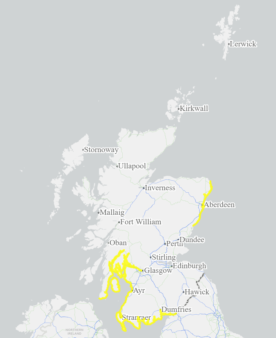 This is a map of Scotland showing Yellow - Aberdeenshire and Aberdeen City, Ayrshire and Arran, Dumfries and Galloway, West Central Scotland. 