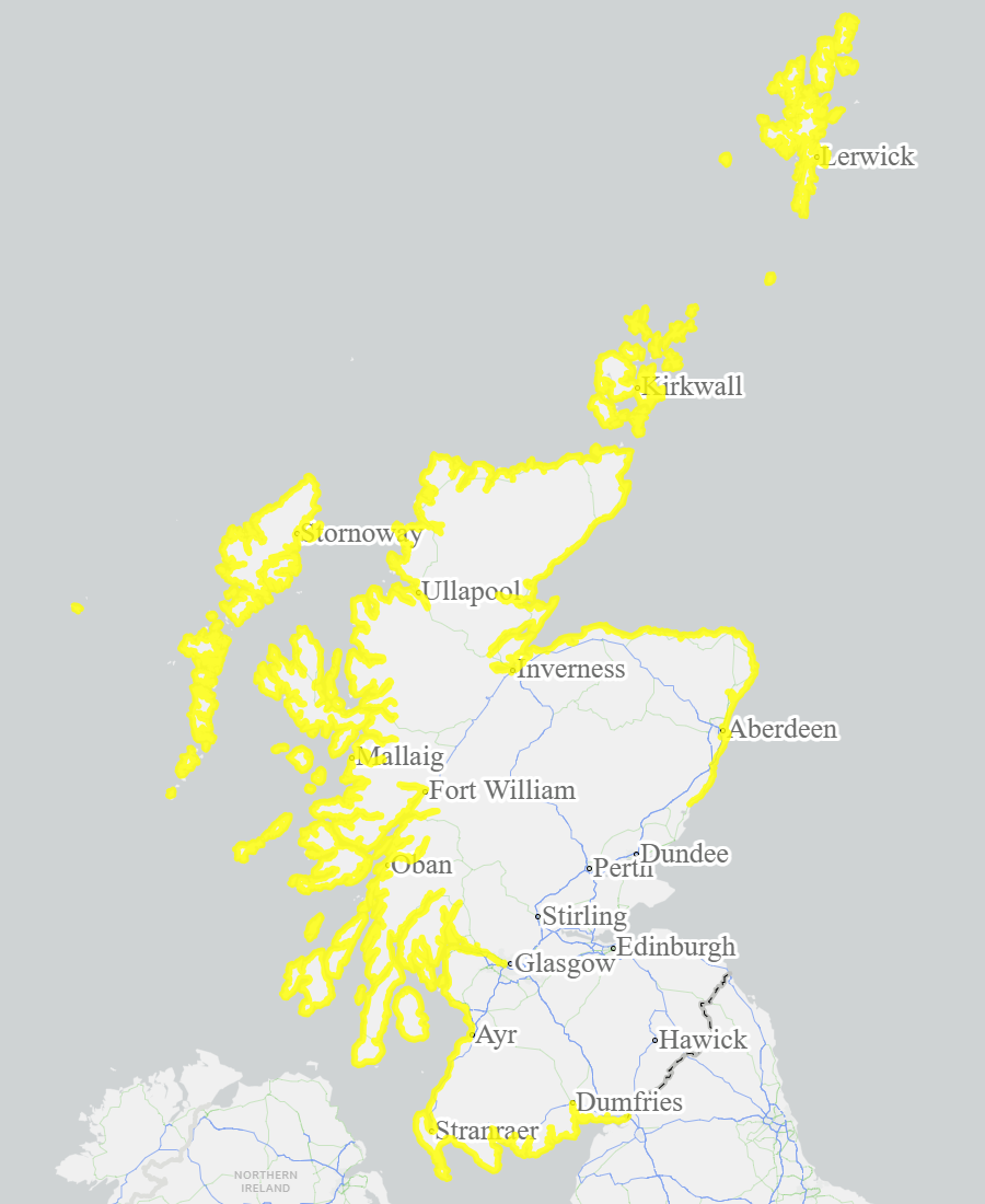 This is a map of Scotland showing Yellow - Aberdeenshire and Aberdeen City, Argyll and Bute, Ayrshire and Arran, Caithness and Sutherland, Dumfries and Galloway, Dundee and Angus, Easter Ross and Great Glen, Findhorn Nairn Moray and Speyside, Orkney, Shetland, Skye and Lochaber, West Central Scotland, Wester Ross, Western Isles. 