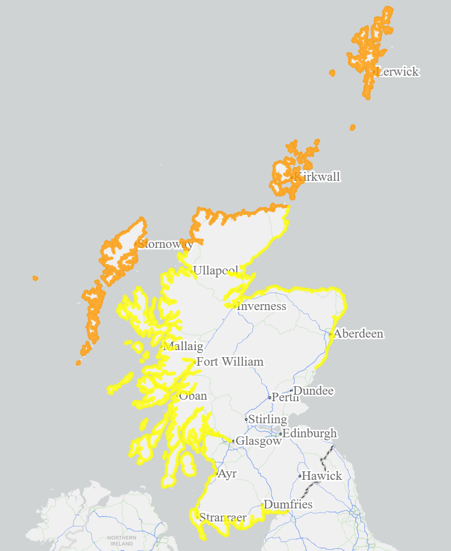 This is a map of Scotland showing Yellow - Aberdeenshire and Aberdeen City, Argyll and Bute, Ayrshire and Arran, Dumfries and Galloway, Easter Ross and Great Glen, Findhorn Nairn Moray and Speyside, Skye and Lochaber, West Central Scotland, Wester Ross. Amber - Caithness and Sutherland, Orkney, Shetland, Western Isles. 
