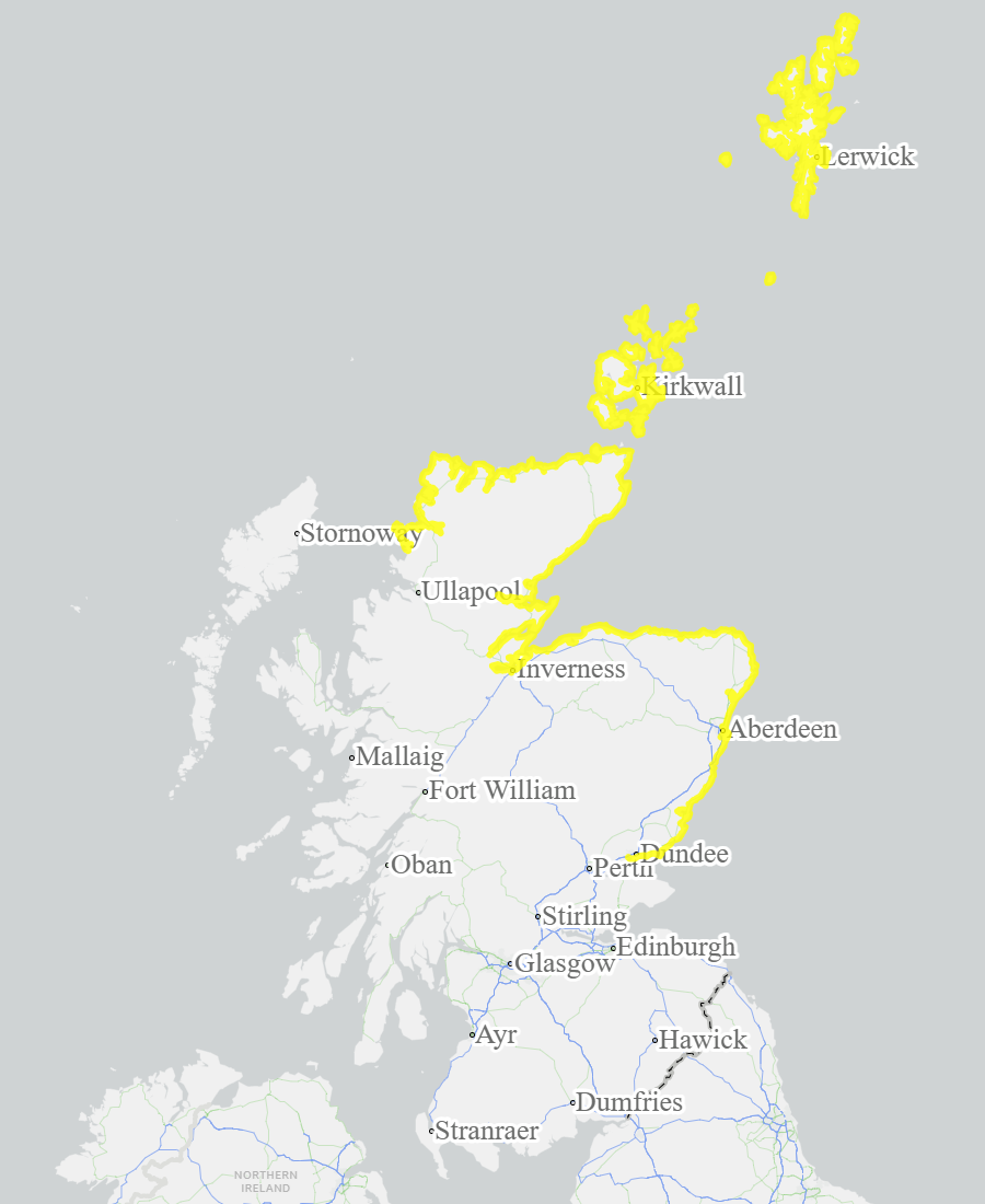 This is a map of Scotland showing Yellow - Aberdeenshire and Aberdeen City, Caithness and Sutherland, Dundee and Angus, Easter Ross and Great Glen, Findhorn Nairn Moray and Speyside, Orkney, Shetland. 