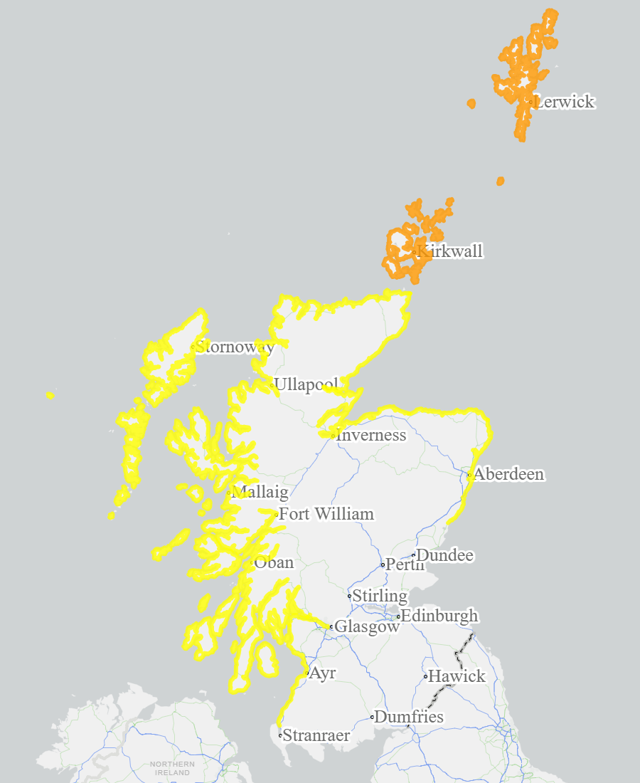 This is a map of Scotland showing Yellow - Aberdeenshire and Aberdeen City, Argyll and Bute, Ayrshire and Arran, Caithness and Sutherland, Easter Ross and Great Glen, Findhorn Nairn Moray and Speyside, Skye and Lochaber, West Central Scotland, Wester Ross, Western Isles. Amber - Orkney, Shetland. 